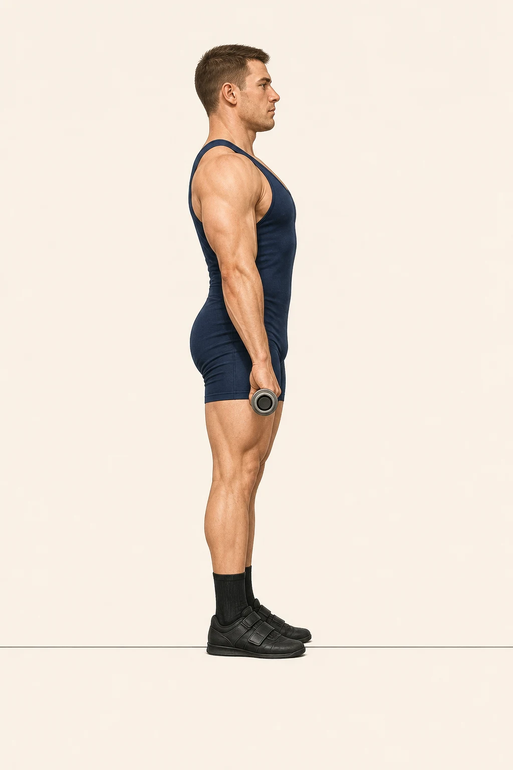 横向きの選手が膝を伸ばして直立し、肩の前側がバーの垂直線より後ろにあるデッドリフトの成功例。